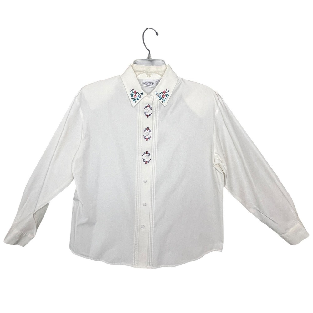 Vintage Koret White Embroidered Floral ButtonUp Shirt 10P Western Modest Cottage